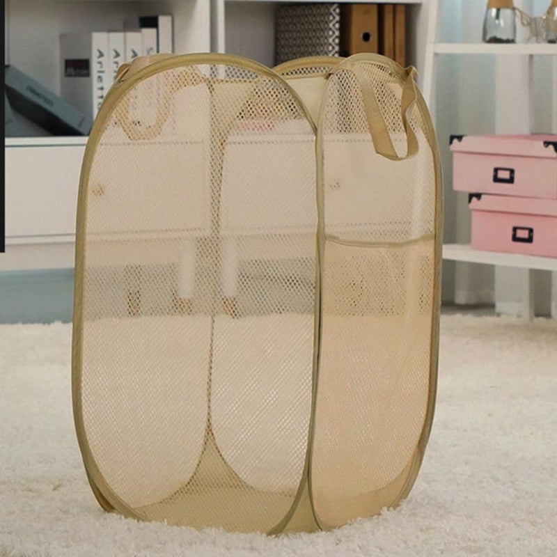 Buenod Mesh Popup Laundry Hamper, Foldable Laundry Basket Clothes Hamper for Home, Apartment, College Dorm or Travel, Collapsible for Storage, Beige - Image 4